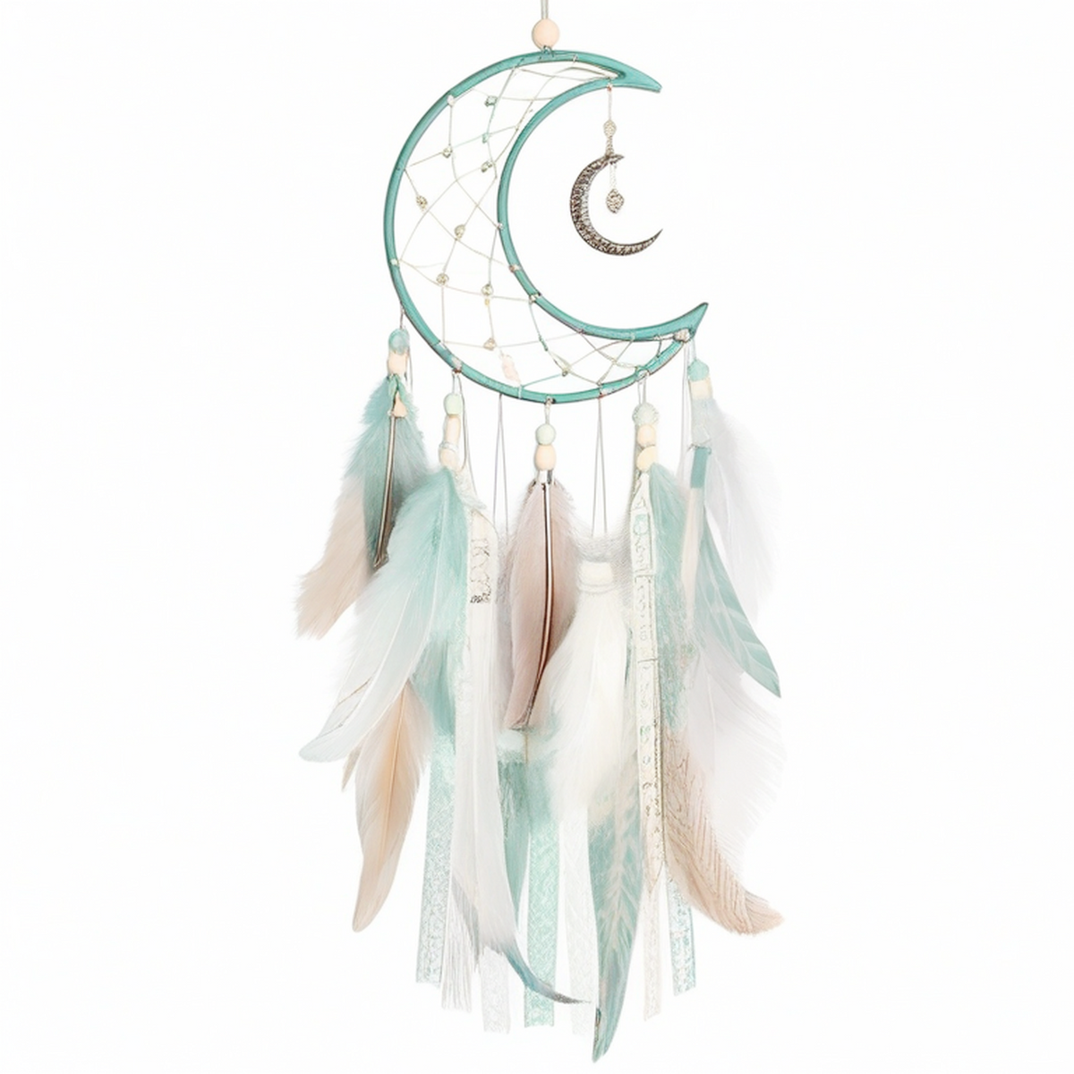 Attrape-rêves lune 25 x 70 cm turquoise et blanc en fil et plumes décoratives style bohème