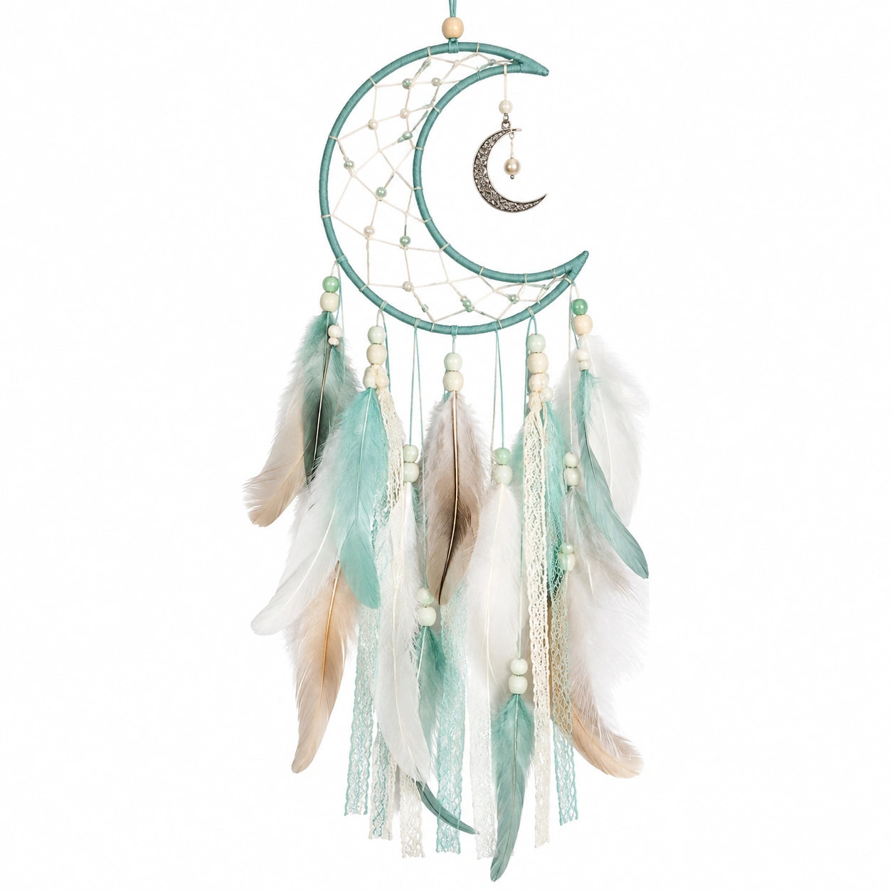 Attrape-rêves lune 25 x 70 cm turquoise et blanc en fil et plumes décoratives style bohème