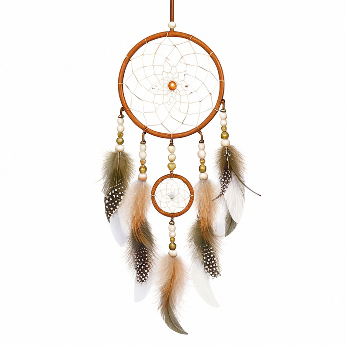 Attrape-rêves mural 25 x 65 cm en corde et plumes marron vert style bohème