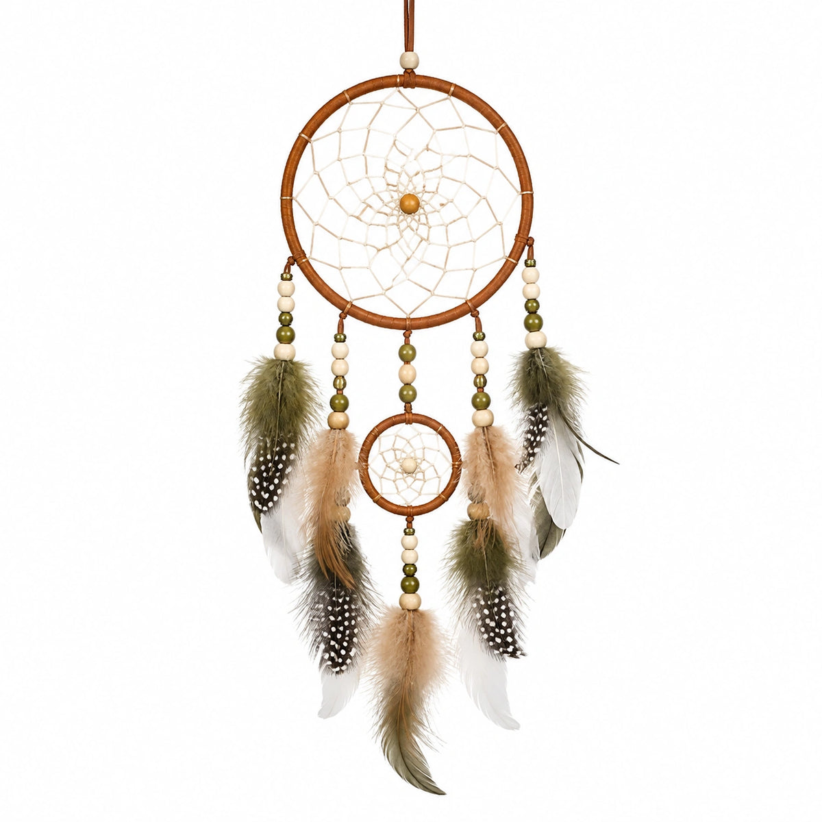 Attrape-rêves mural 25 x 65 cm en corde et plumes marron vert style bohème