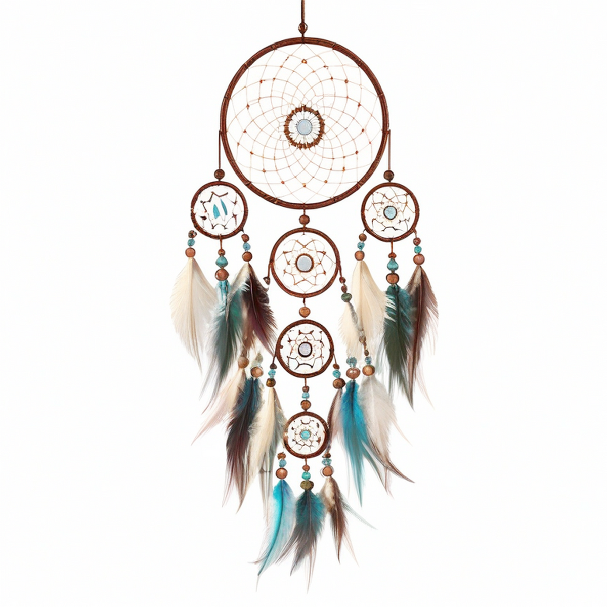 Attrape-rêves 30 x 75 cm en corde et plumes marron turquoise - décoration murale suspendue