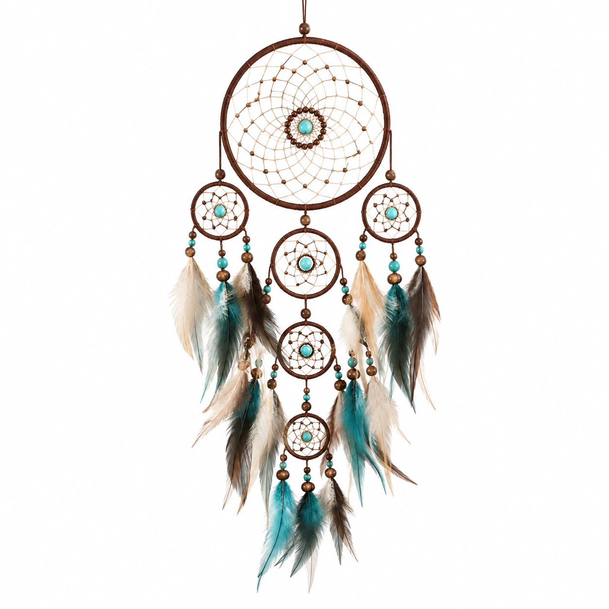 Attrape-rêves 30 x 75 cm en corde et plumes marron turquoise - décoration murale suspendue