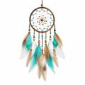 Attrape-rêves mural 30 x 75 cm en plumes turquoise et marron style bohème