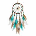 Attrape-rêves mural 30 x 75 cm en plumes turquoise et marron style bohème