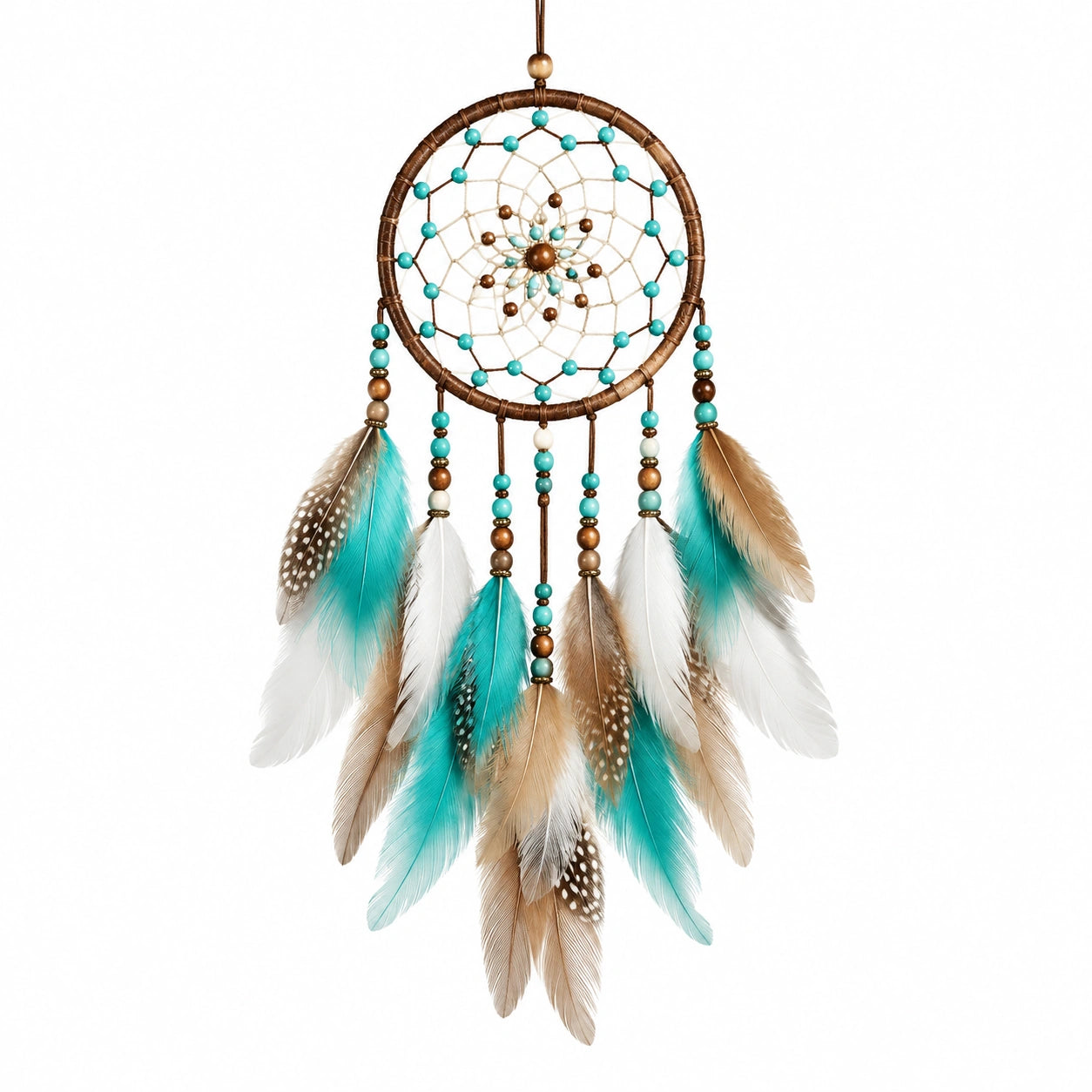Attrape-rêves mural 30 x 75 cm en plumes turquoise et marron style bohème