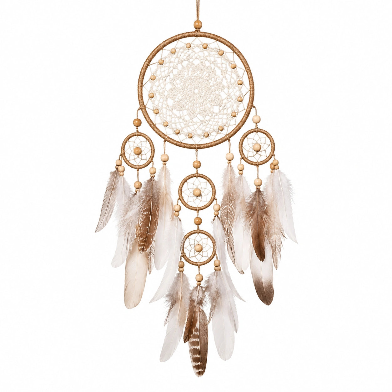 Attrape-rêves 40 x 90 cm en fibres tressées beige et marron style bohème décoration murale