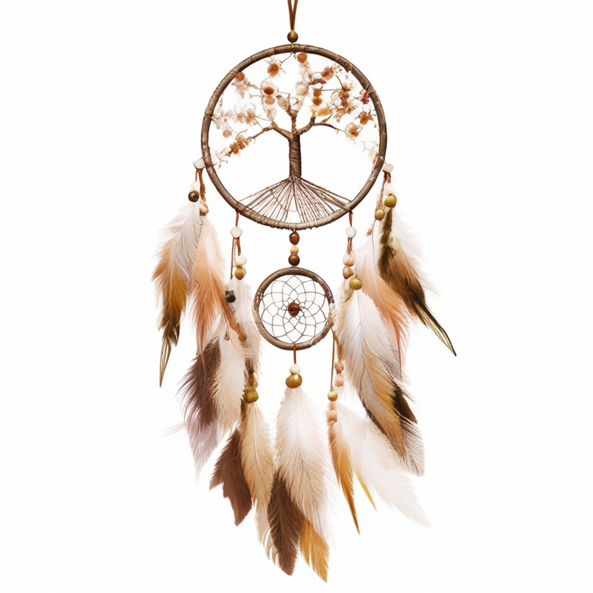 Attrape-rêves 30 x 75 cm en corde et plumes marron beige - Décoration murale bohème