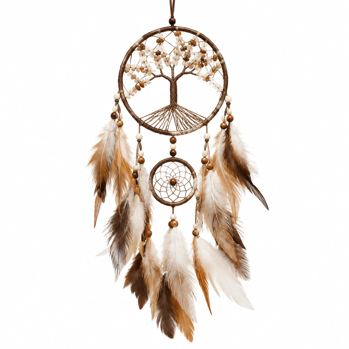 Attrape-rêves 30 x 75 cm en corde et plumes marron beige - Décoration murale bohème