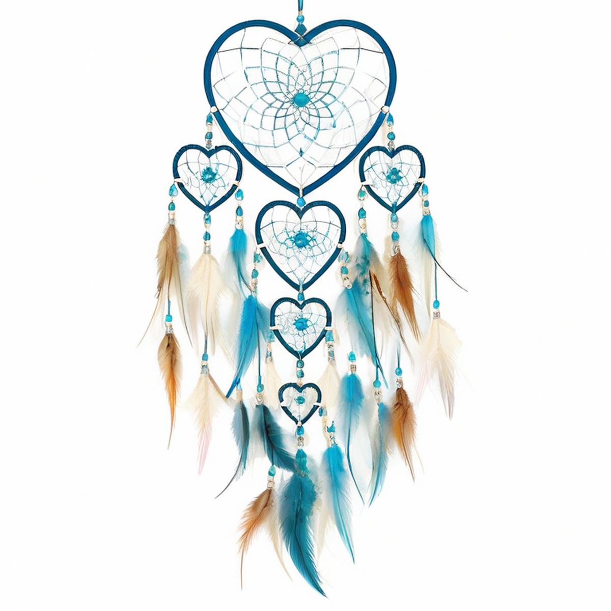Attrape-rêves mural 35 x 80 cm en fil bleu turquoise avec plumes décoratives