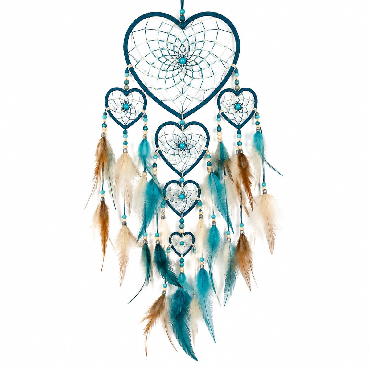 Attrape-rêves mural 35 x 80 cm en fil bleu turquoise avec plumes décoratives