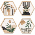 Lot de 4 décorations murales hexagonales 30 x 35 cm en bois naturel vert noir et blanc style botanique