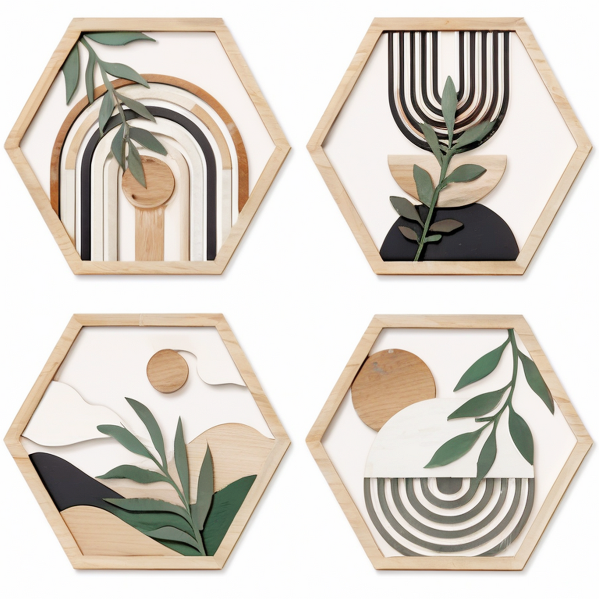 Lot de 4 décorations murales hexagonales 30 x 35 cm en bois naturel vert noir et blanc style botanique