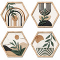 Lot de 4 décorations murales hexagonales 30 x 35 cm en bois naturel vert noir et blanc style botanique