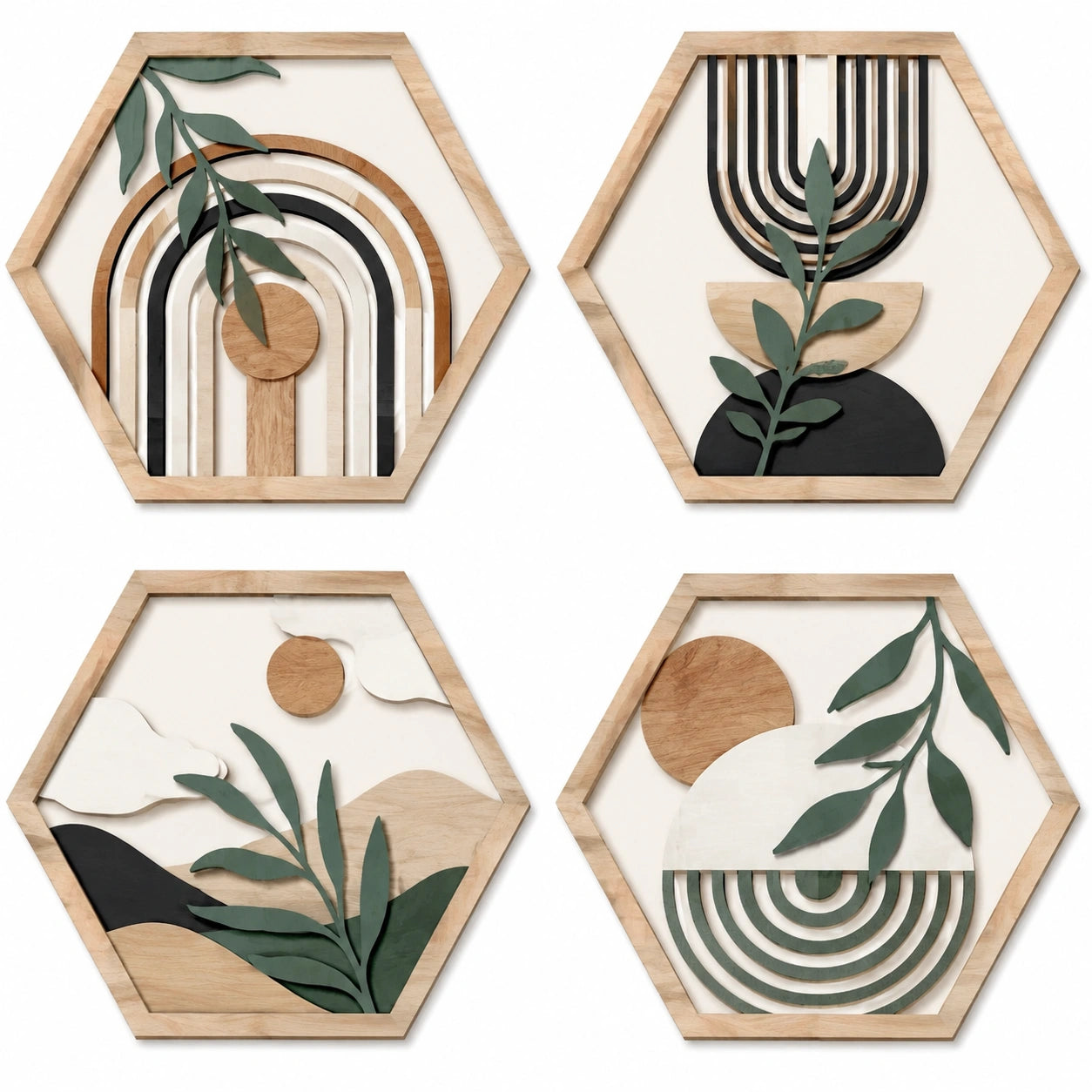 Lot de 4 décorations murales hexagonales 30 x 35 cm en bois naturel vert noir et blanc style botanique