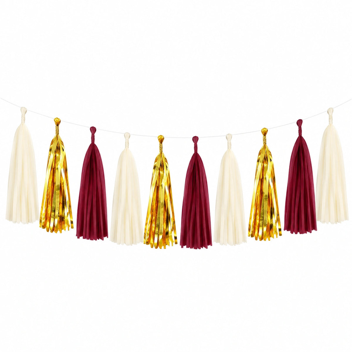 Guirlande de pompons 180 cm en papier ivoire bordeaux doré pour décoration de fête