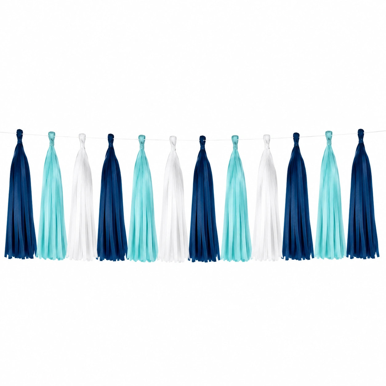 Guirlande décorative 180 cm à 12 pompons en papier bleu marine turquoise blanc