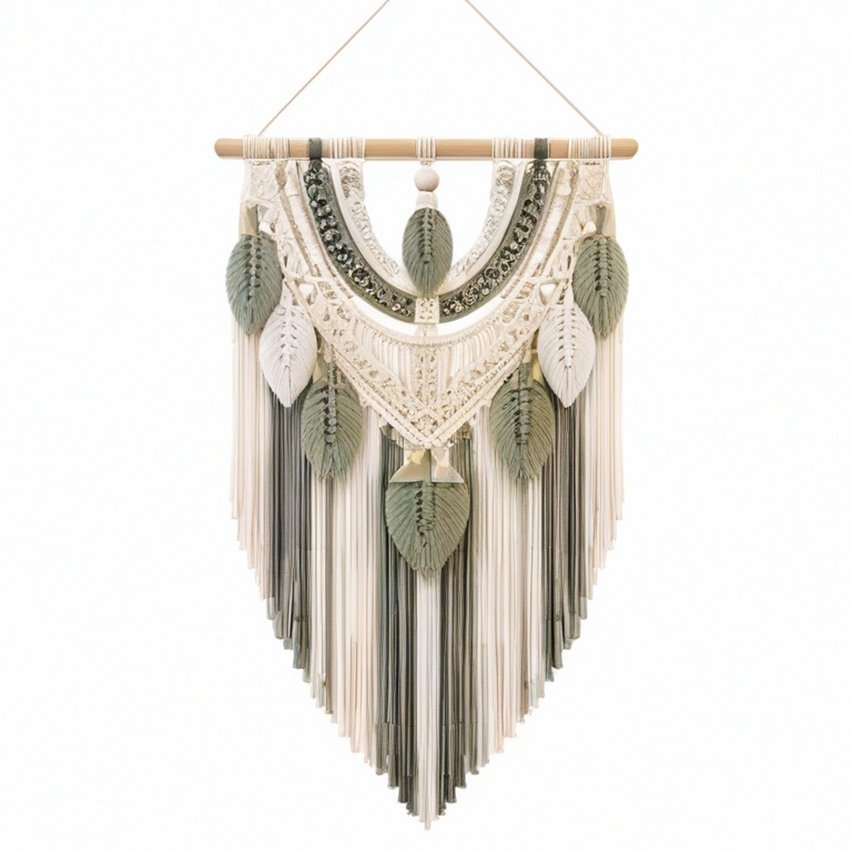 Décoration murale macramé 50 x 85 cm coton vert sauge et écru style bohème suspendu
