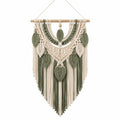Décoration murale macramé 50 x 85 cm coton vert sauge et écru style bohème suspendu