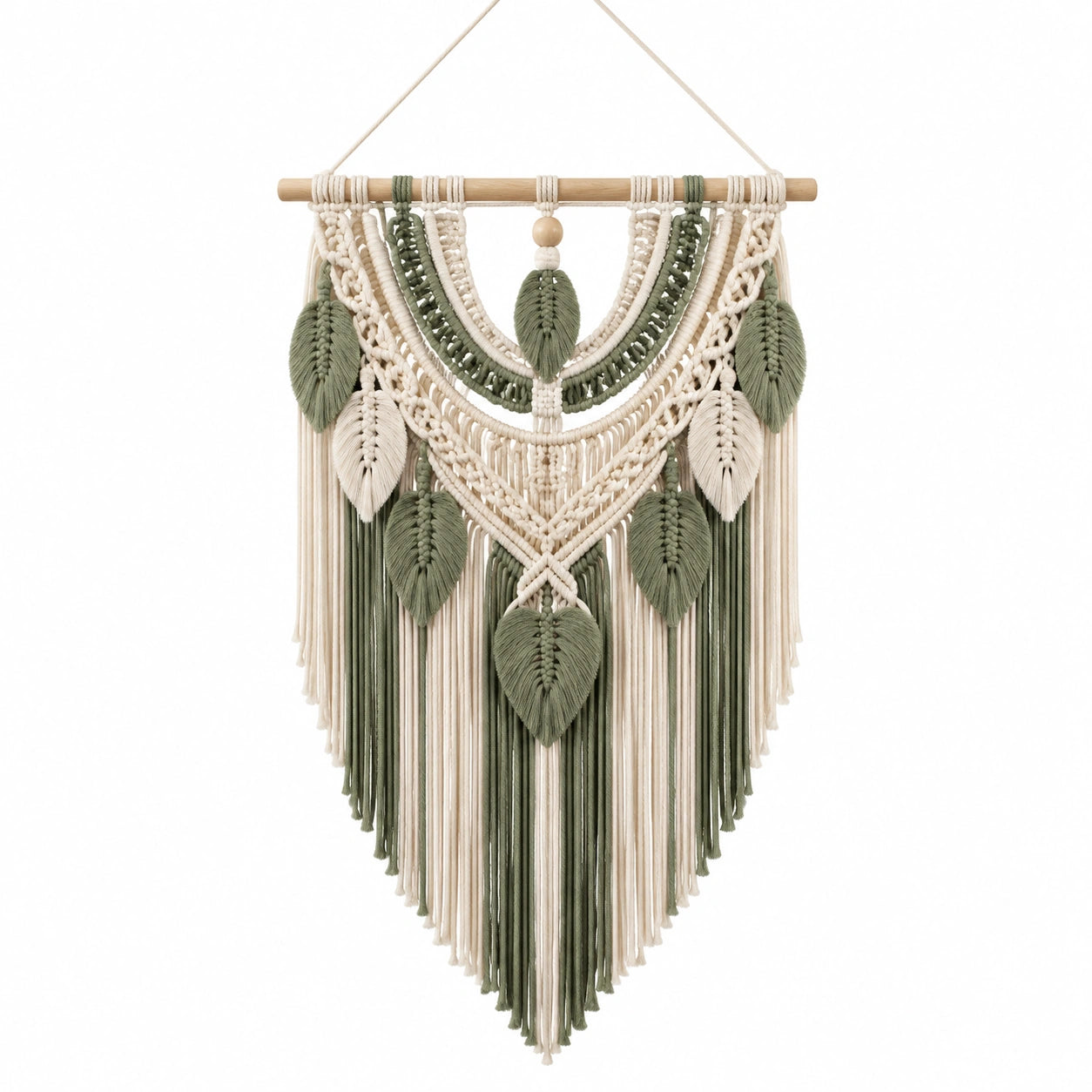 Décoration murale macramé 50 x 85 cm coton vert sauge et écru style bohème suspendu