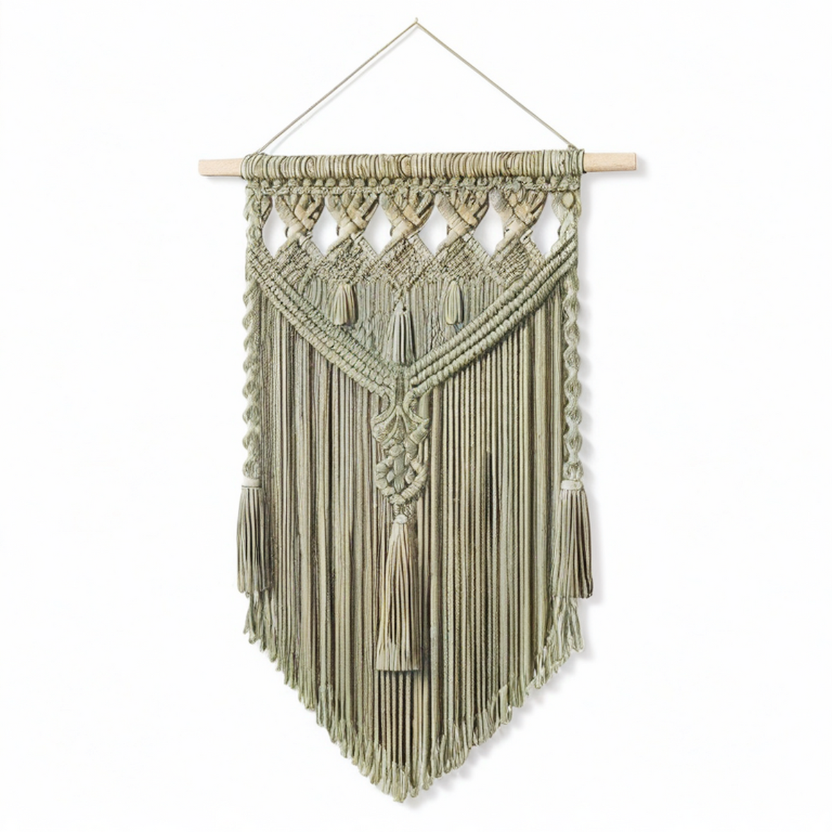 Tapisserie murale macramé 45 x 90 cm en coton vert sauge avec franges décoratives