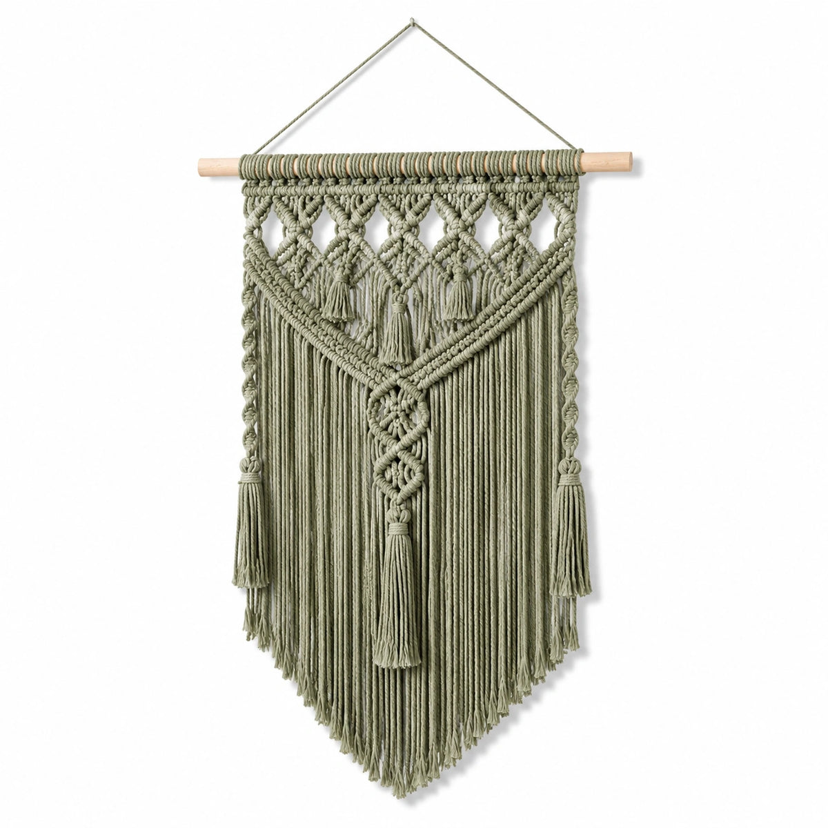 Tapisserie murale macramé 45 x 90 cm en coton vert sauge avec franges décoratives