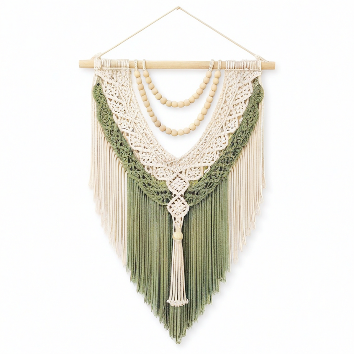Tenture murale en macramé 50 x 90 cm coton vert et écru style bohème