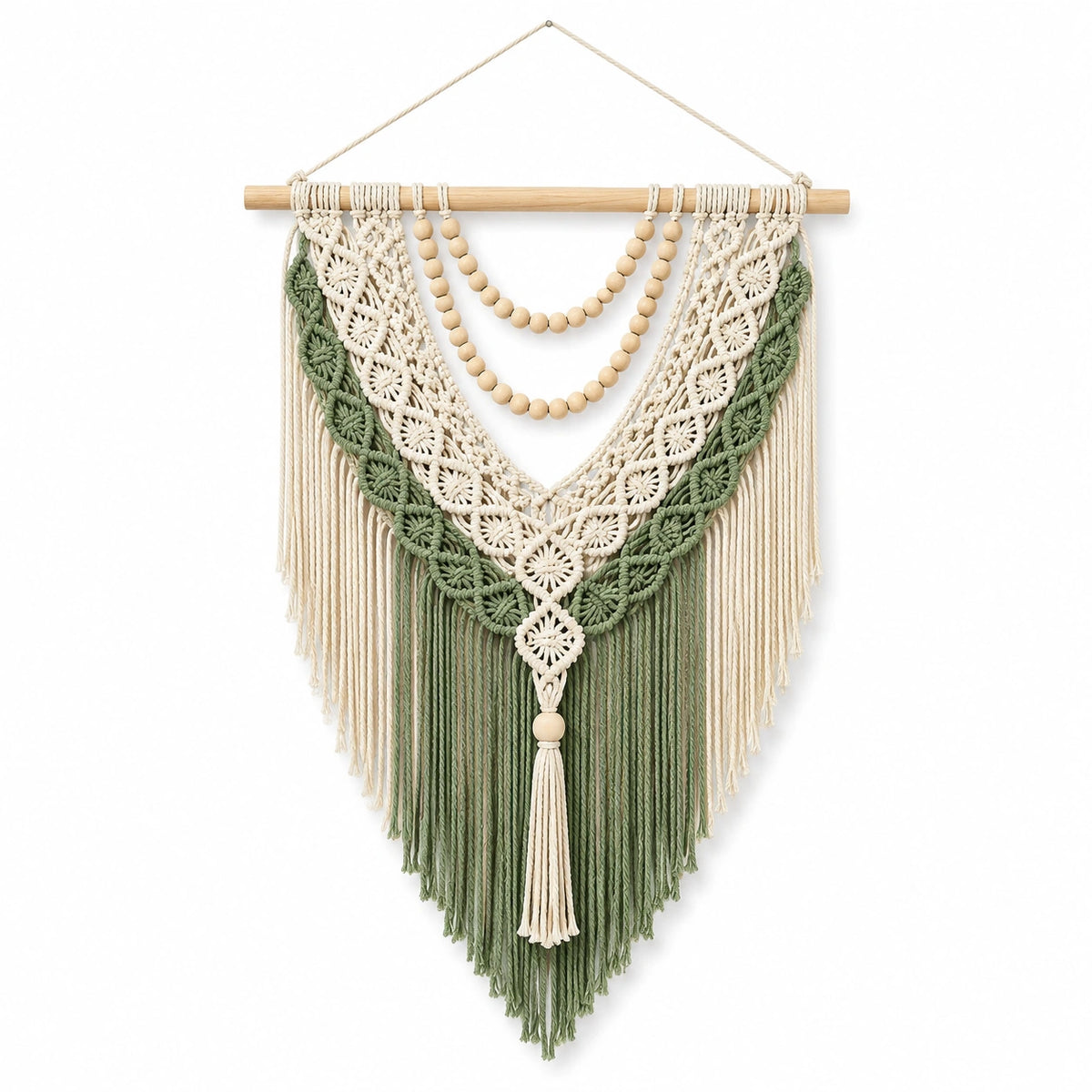 Tenture murale en macramé 50 x 90 cm coton vert et écru style bohème
