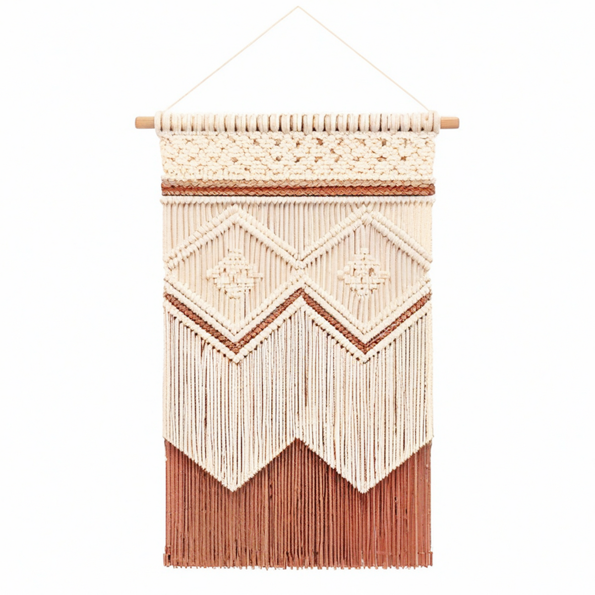 Tenture murale 55 x 95 cm en textile et bois écru terracotta style bohème
