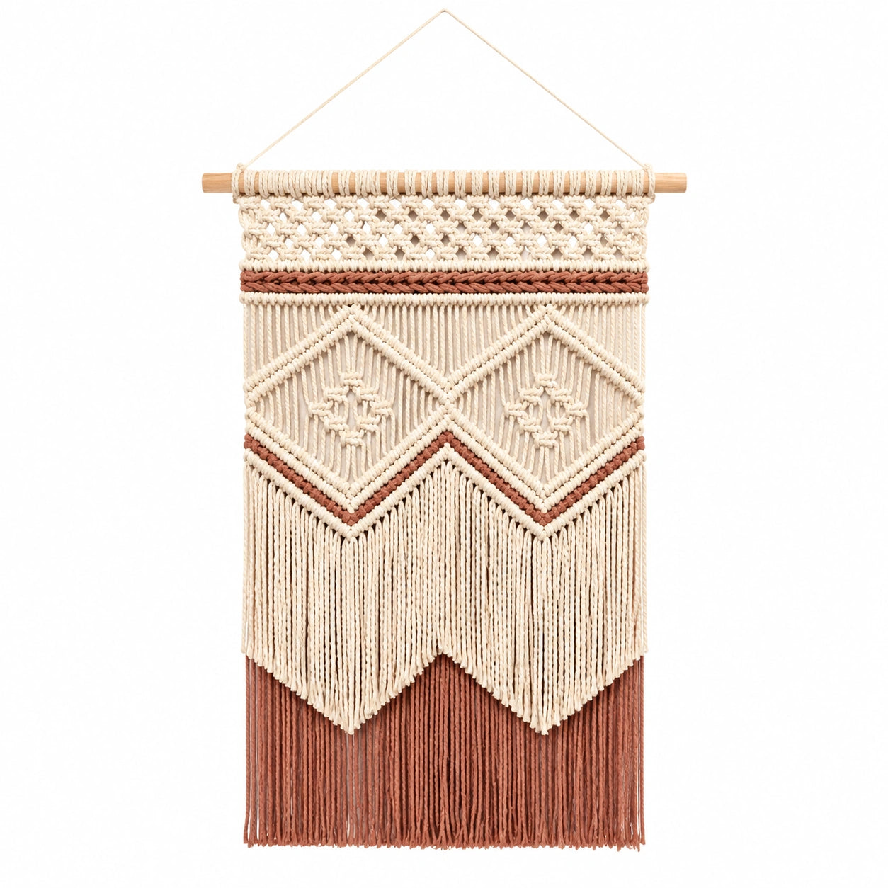 Tenture murale 55 x 95 cm en textile et bois écru terracotta style bohème