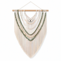 Tenture murale macramé 70 x 100 cm en corde textile beige vert avec bois style bohème