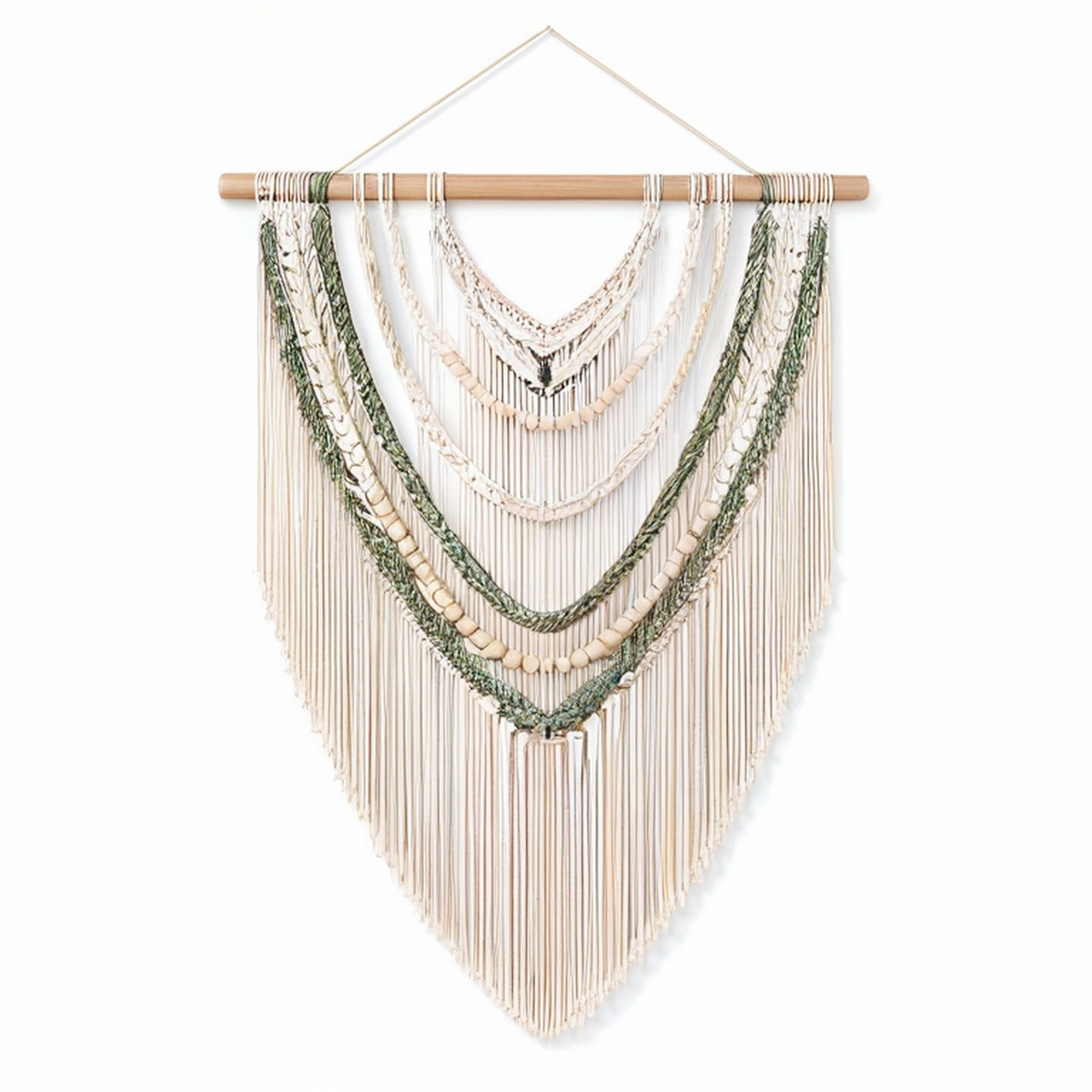 Tenture murale macramé 70 x 100 cm en corde textile beige vert avec bois style bohème