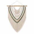 Tenture murale macramé 70 x 100 cm en corde textile beige vert avec bois style bohème