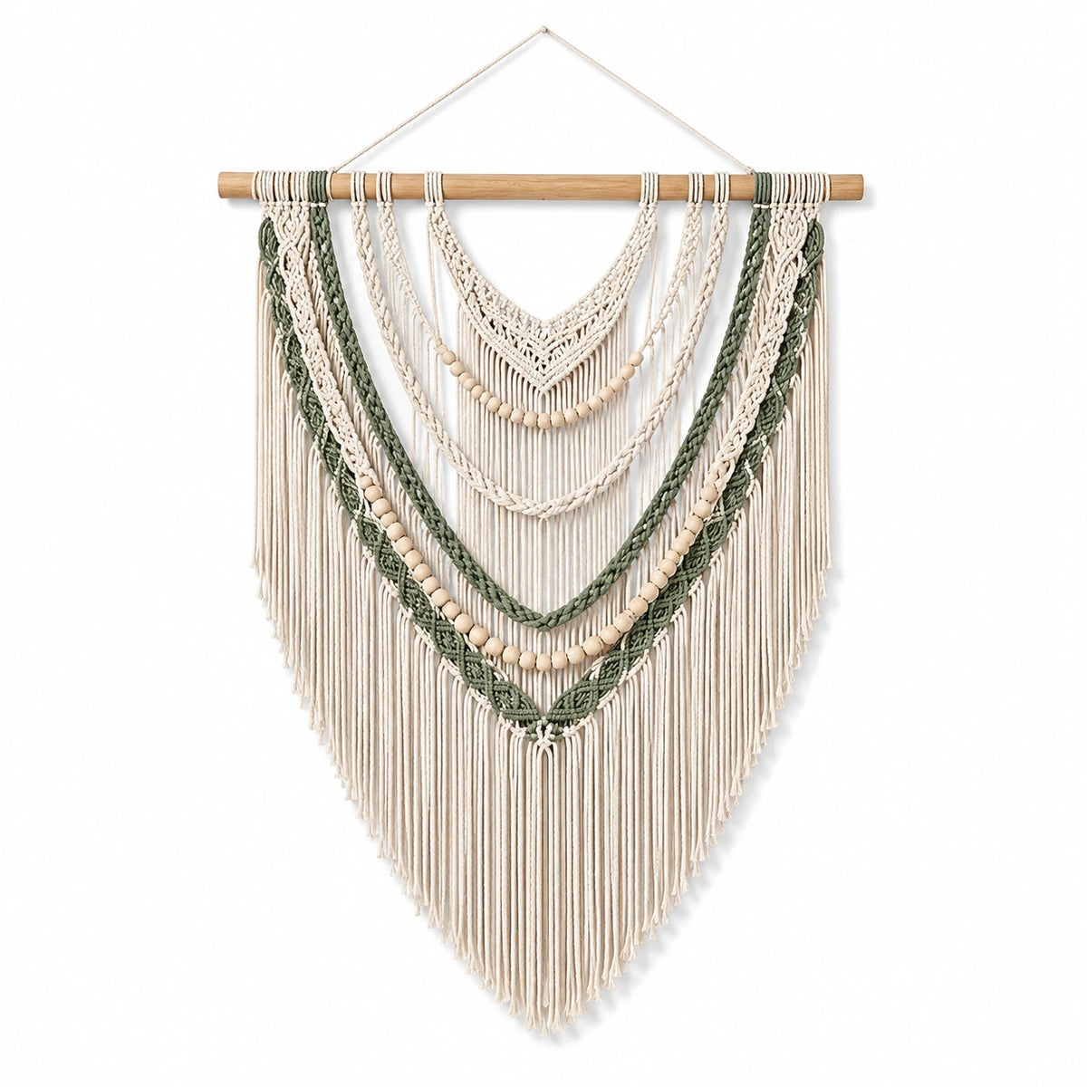 Tenture murale macramé 70 x 100 cm en corde textile beige vert avec bois style bohème