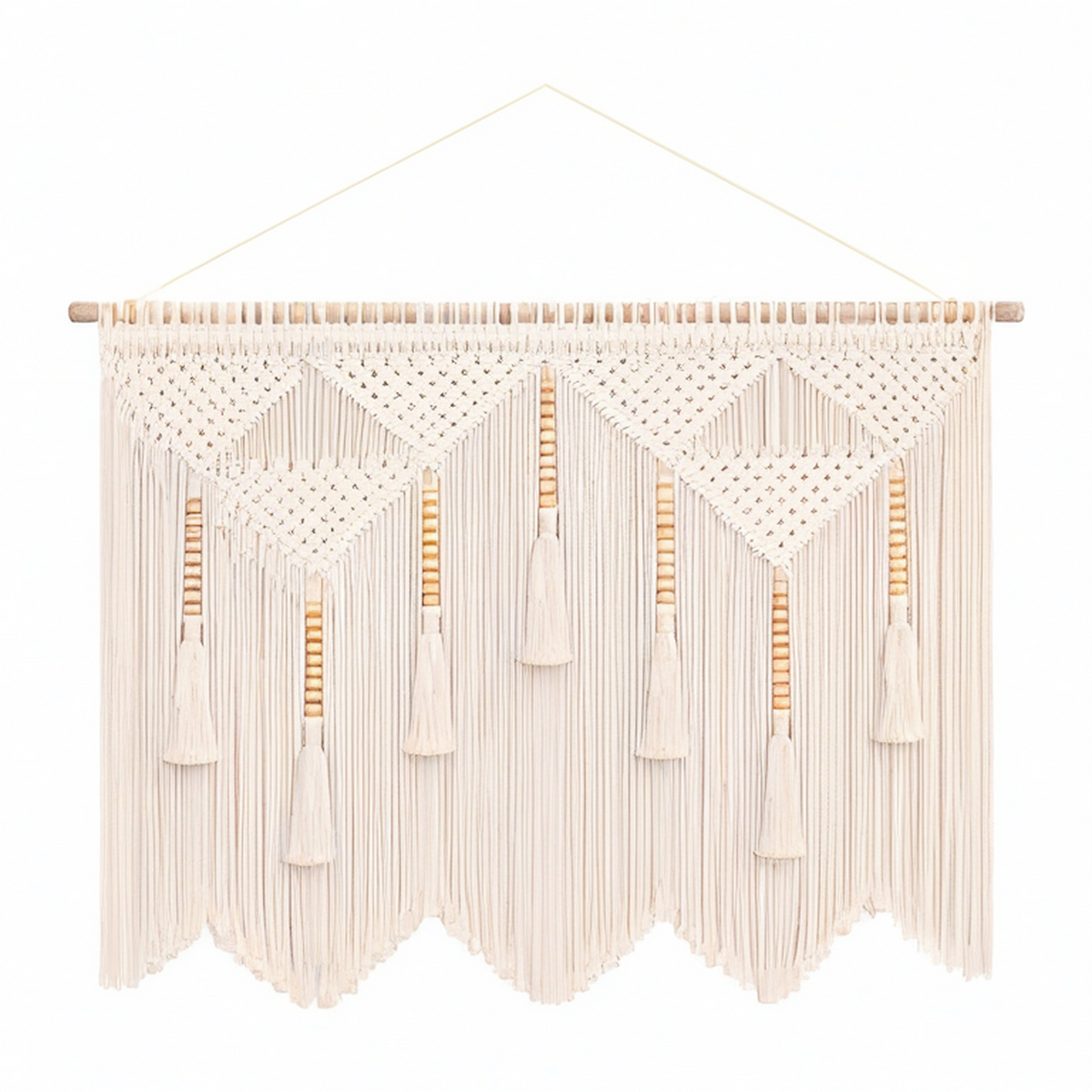 Tenture murale macramé 100 x 90 cm en coton écru style bohème à suspendre