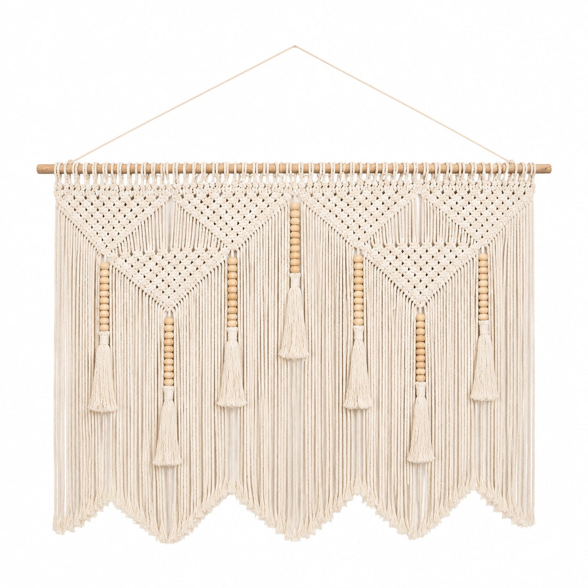 Tenture murale macramé 100 x 90 cm en coton écru style bohème à suspendre