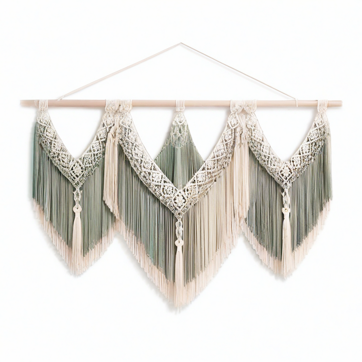 Tenture murale macramé 110 x 85 cm coton vert sauge et écru style bohème