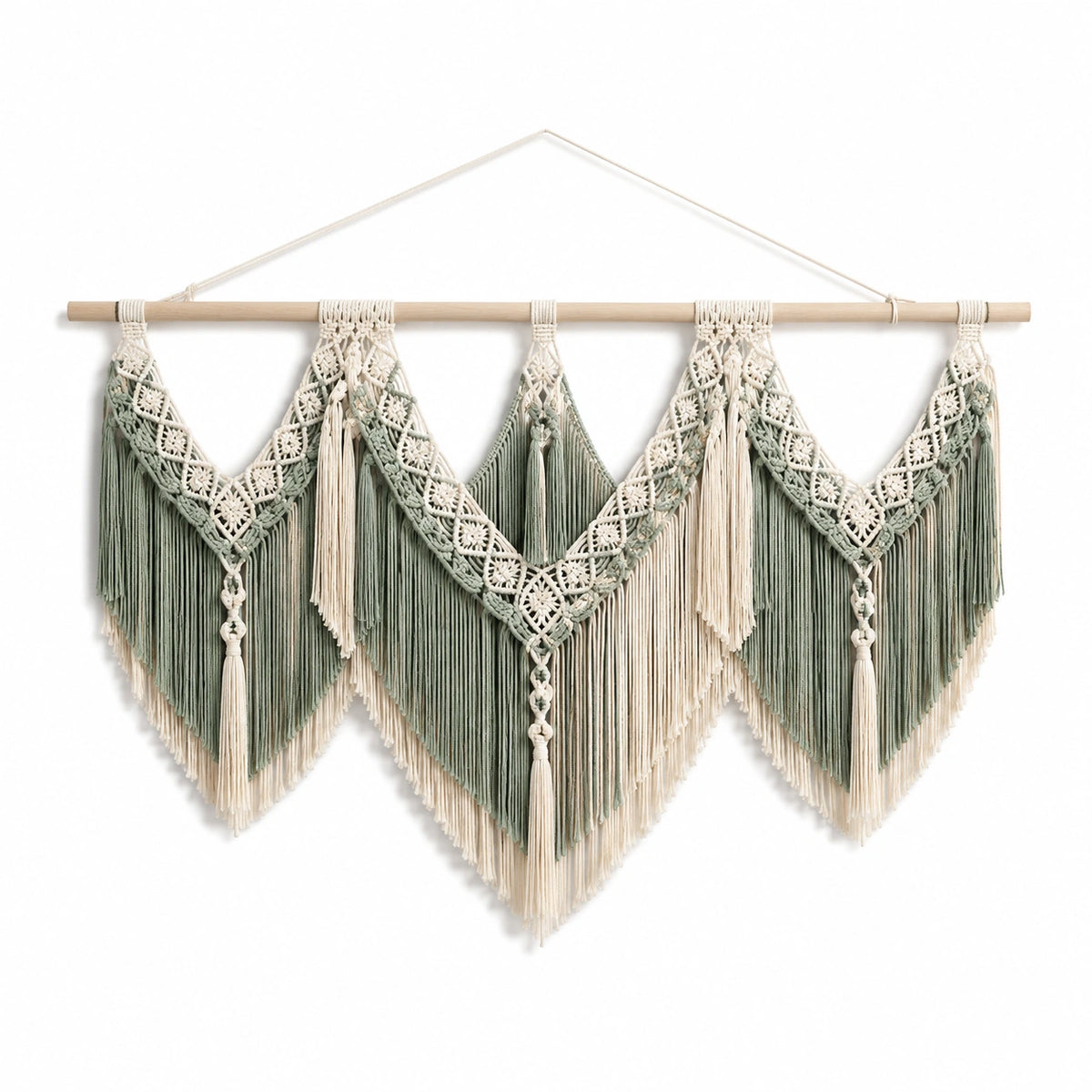 Tenture murale macramé 110 x 85 cm coton vert sauge et écru style bohème