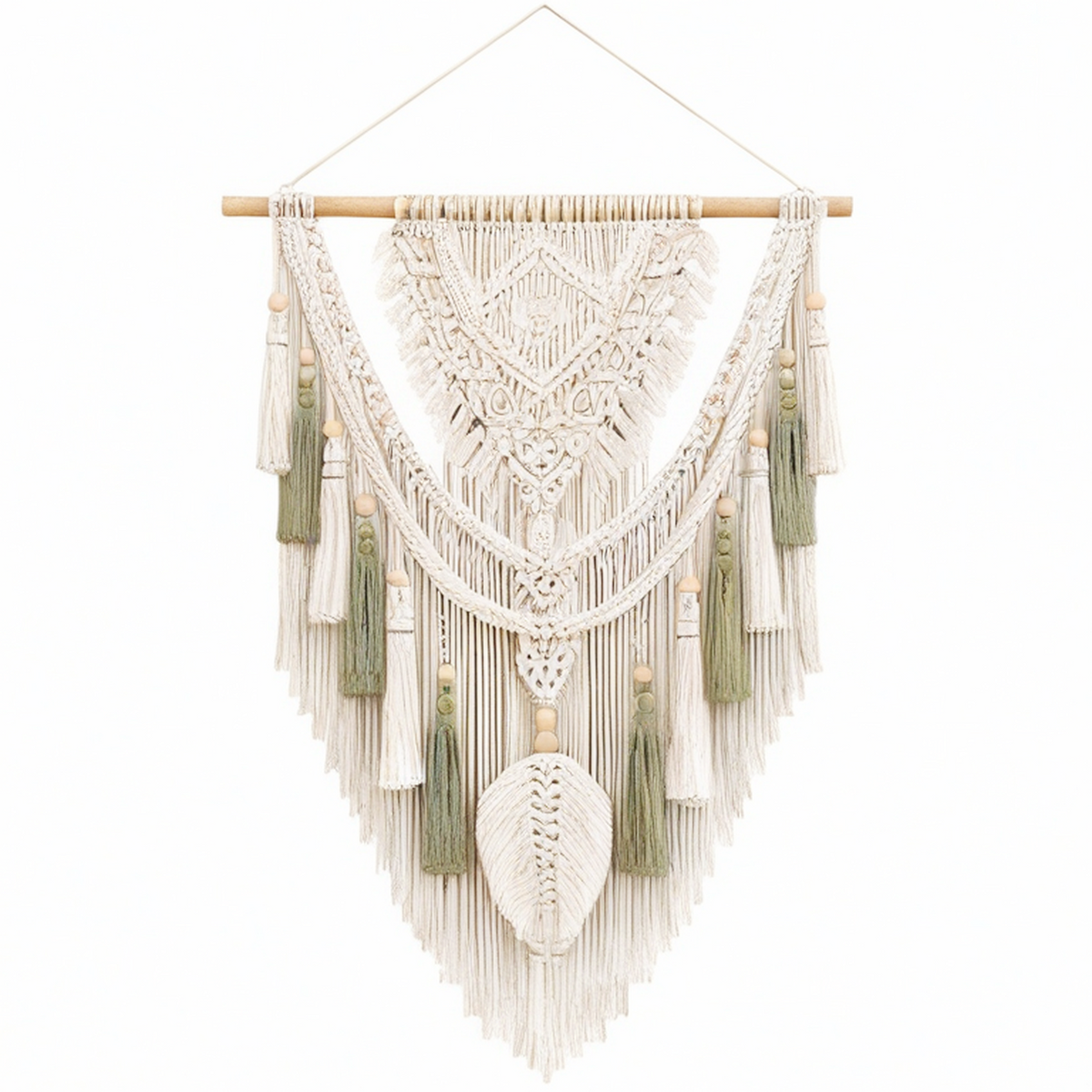 Décoration murale en macramé 70 x 110 cm écru vert sauge en coton style bohème