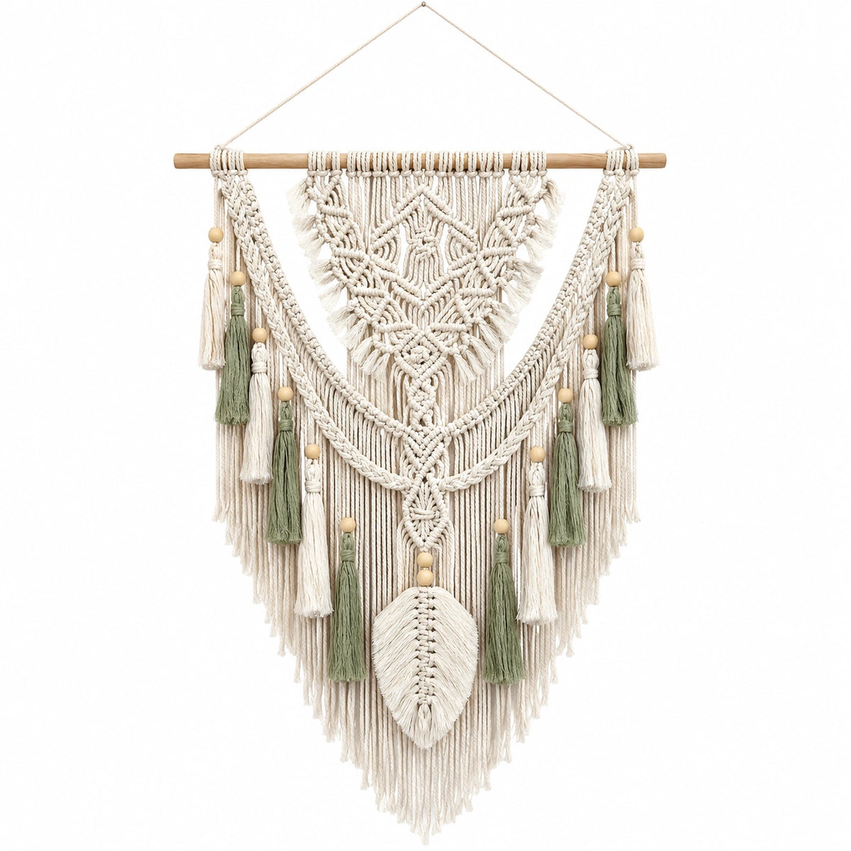 Décoration murale en macramé 70 x 110 cm écru vert sauge en coton style bohème