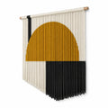 Tapisserie murale 60 x 90 cm en coton écru jaune noir avec barre en bois style géométrique