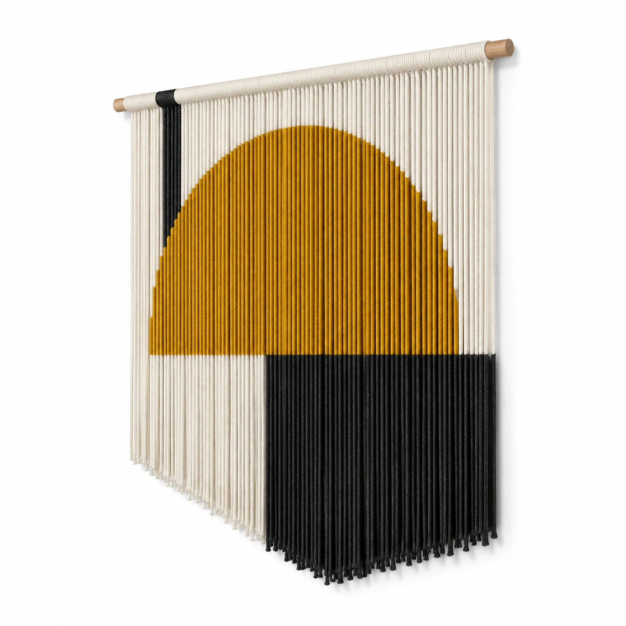 Tapisserie murale 60 x 90 cm en coton écru jaune noir avec barre en bois style géométrique