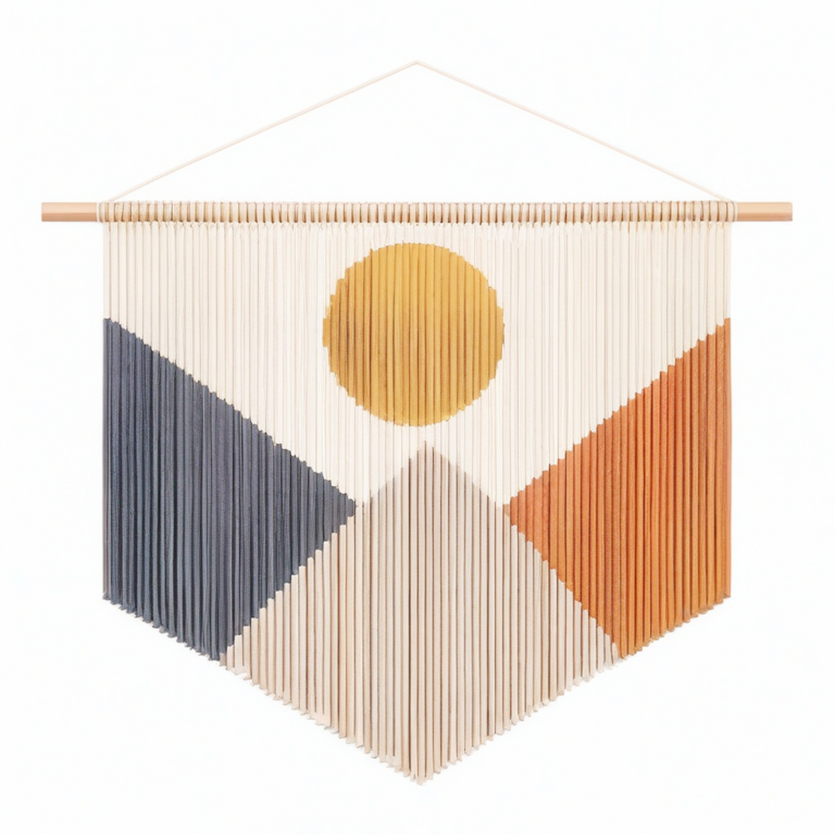 Tenture murale 70 cm x 90 cm en corde de coton écru bleu gris ocre terracotta style bohème géométrique