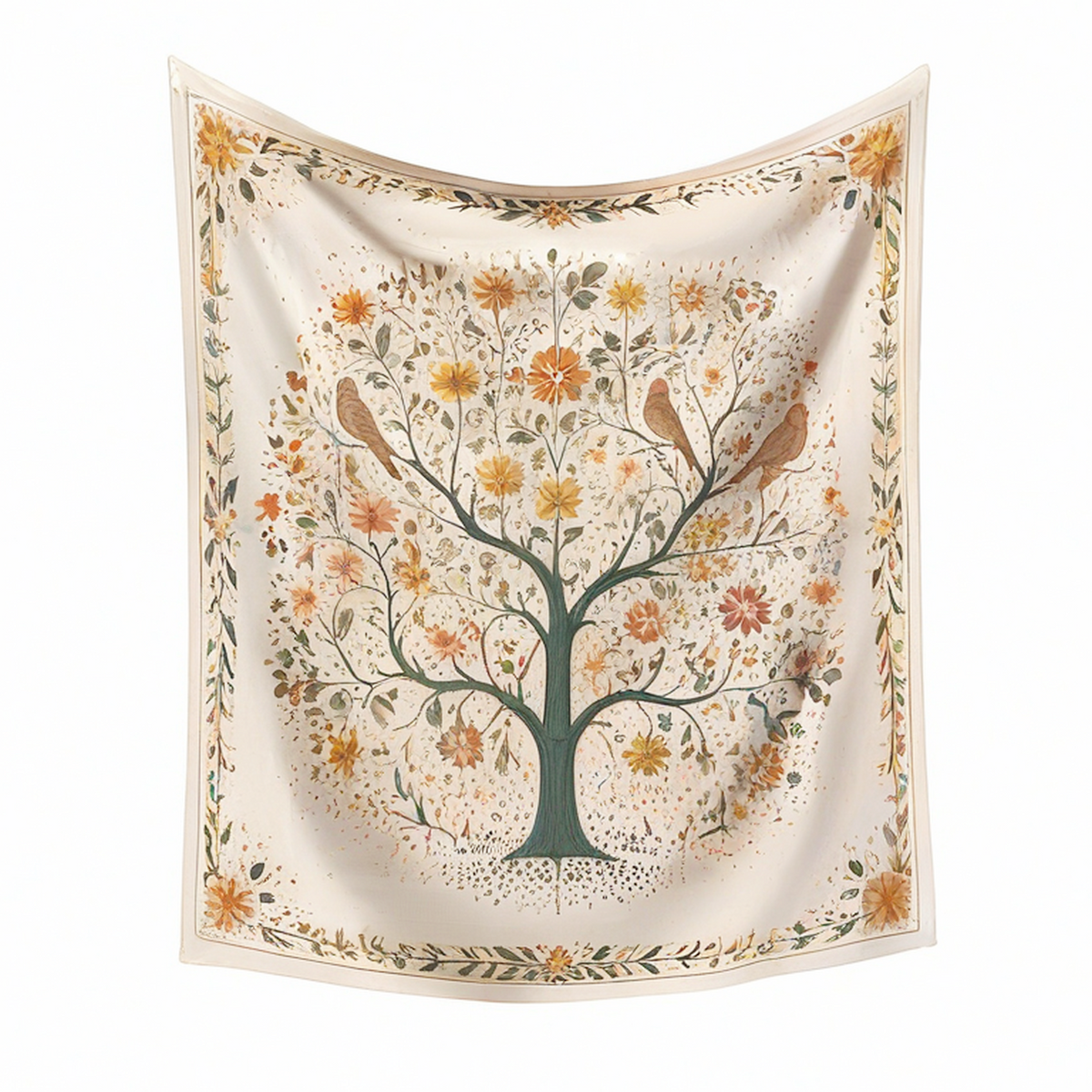 Tapisserie murale 150 x 130 cm en polyester crème à motif arbre floral et oiseaux