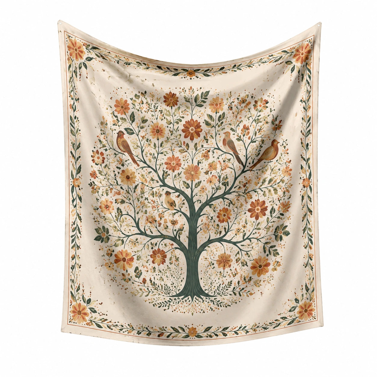 Tapisserie murale 150 x 130 cm en polyester crème à motif arbre floral et oiseaux