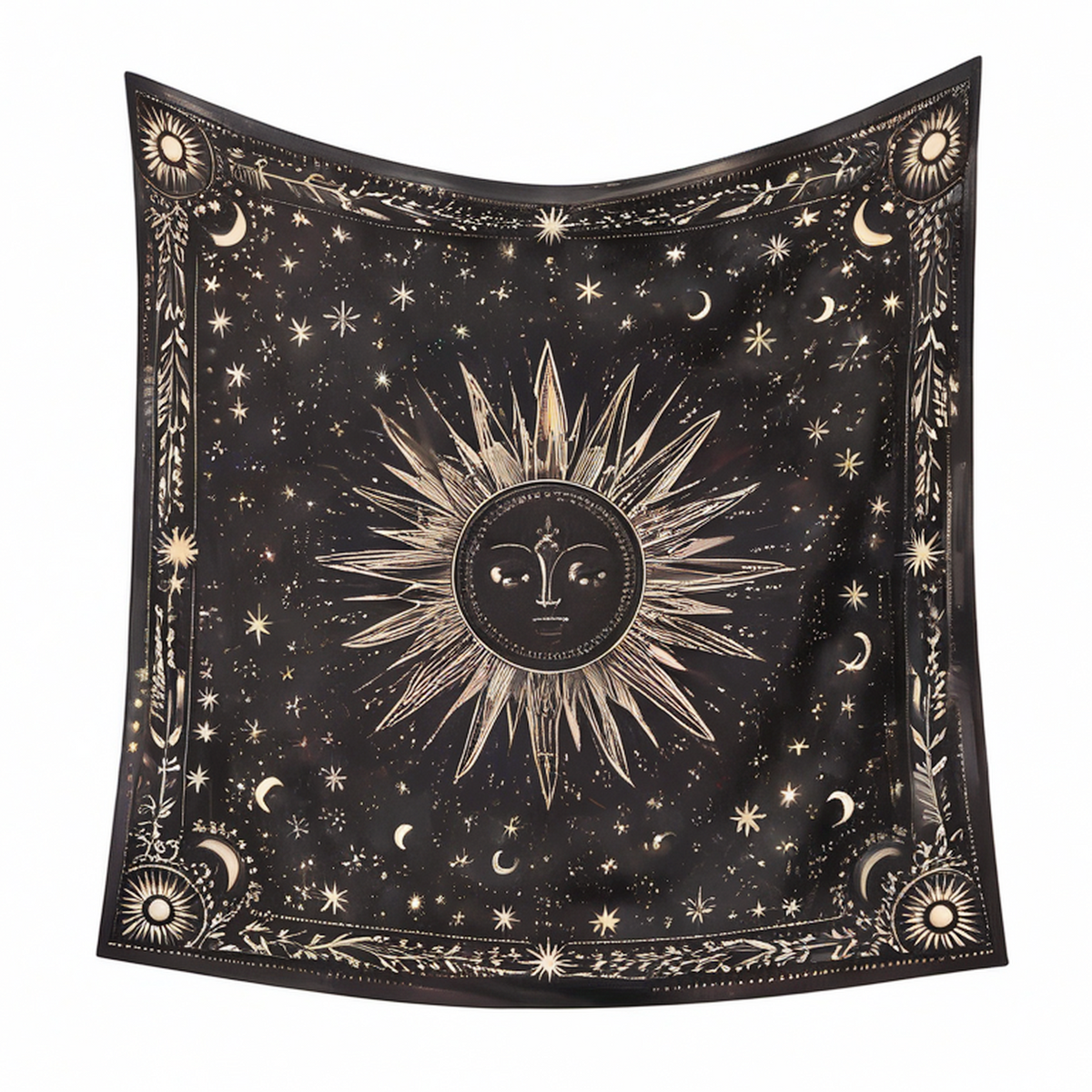 Tenture murale 150 x 130 cm en tissu noir et beige décor soleil céleste