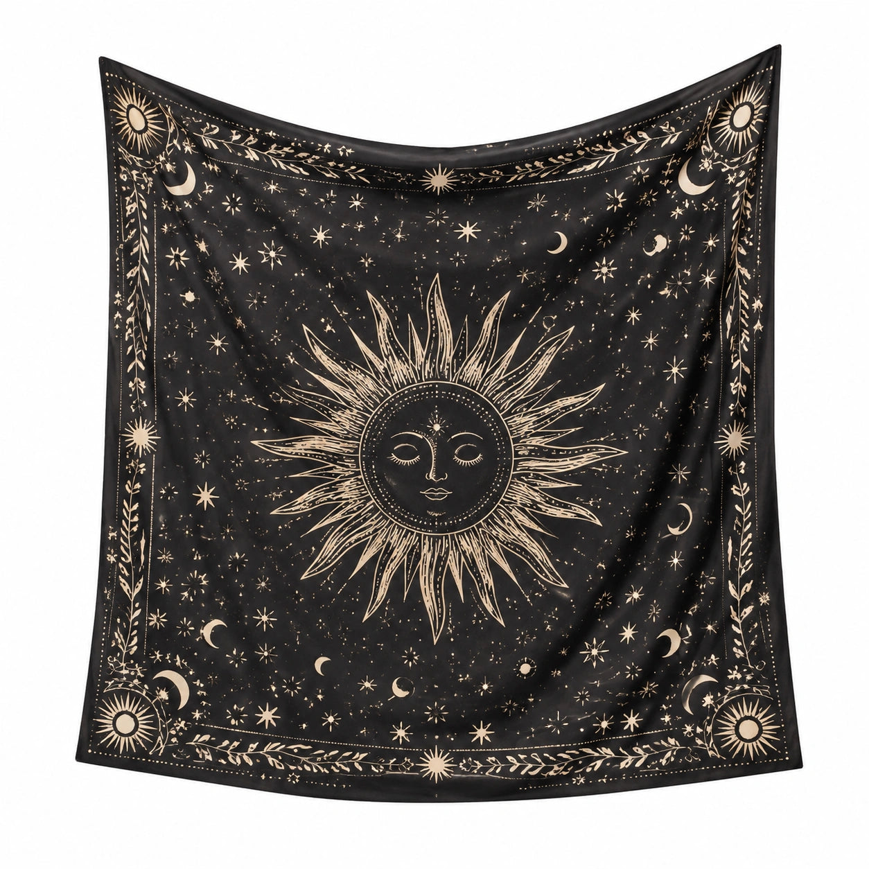 Tenture murale 150 x 130 cm en tissu noir et beige décor soleil céleste