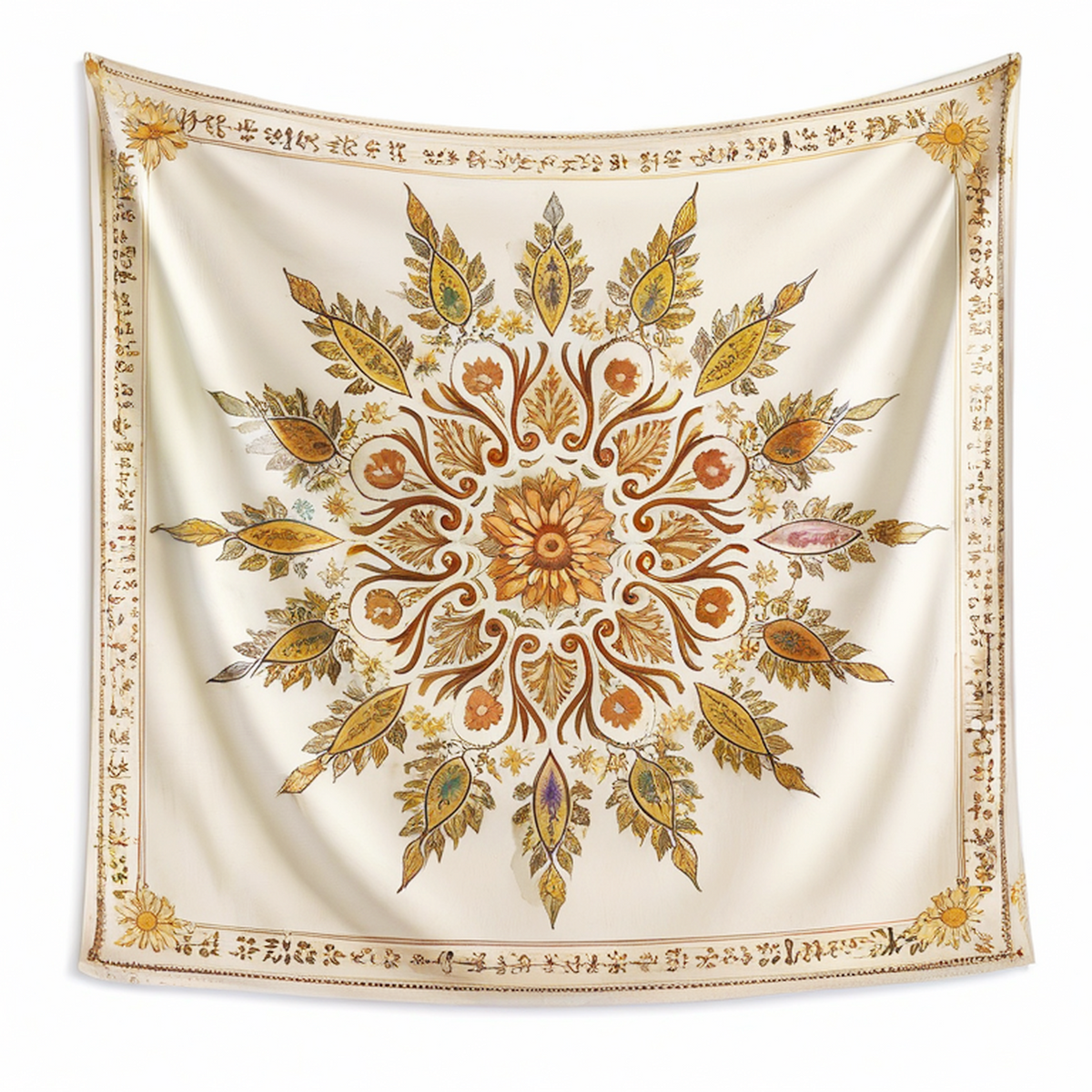Tapisserie murale 150 x 150 cm en polyester écru motif floral style bohème