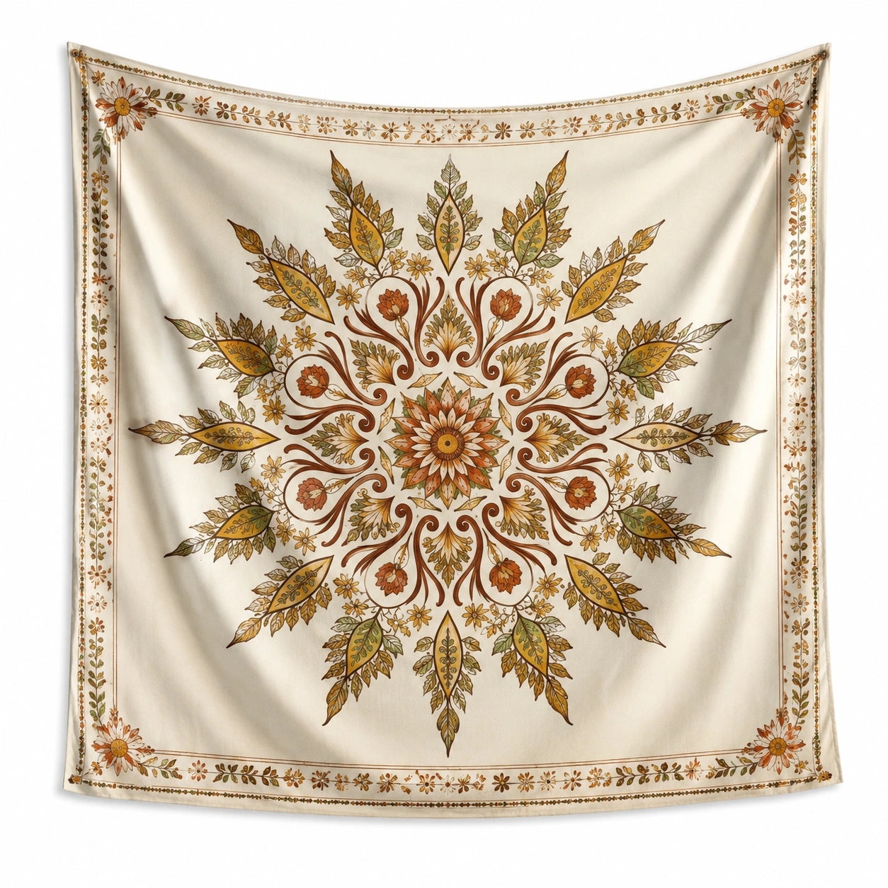 Tapisserie murale 150 x 150 cm en polyester écru motif floral style bohème