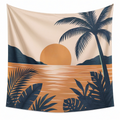 Tapisserie murale 150 x 130 cm en polyester beige orange et bleu marine motif coucher de soleil tropical
