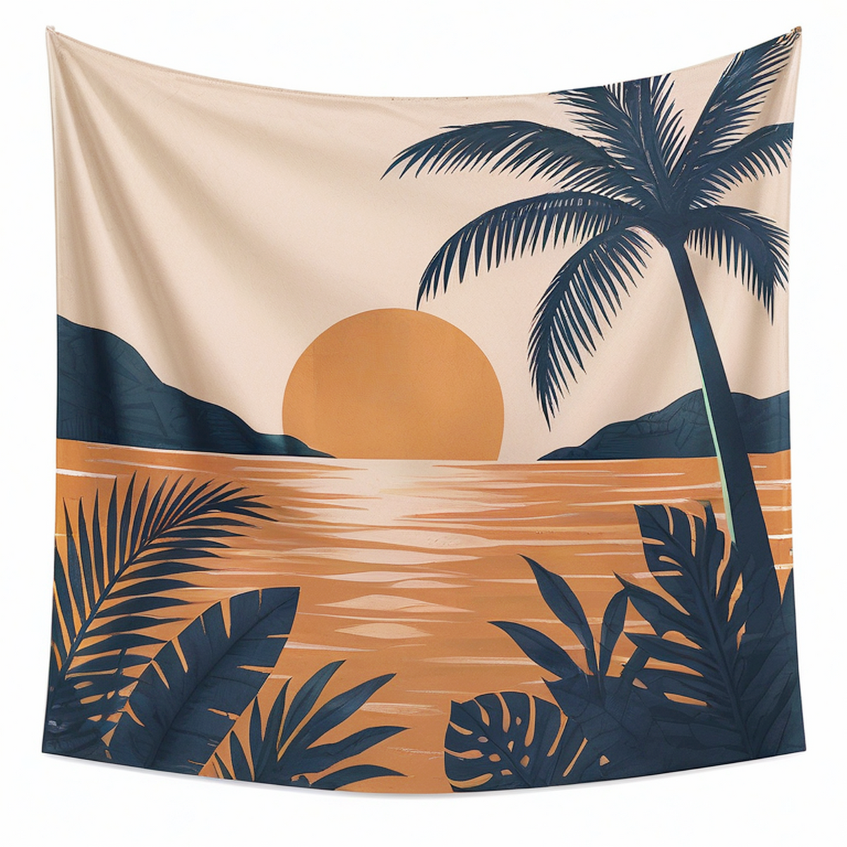 Tapisserie murale 150 x 130 cm en polyester beige orange et bleu marine motif coucher de soleil tropical